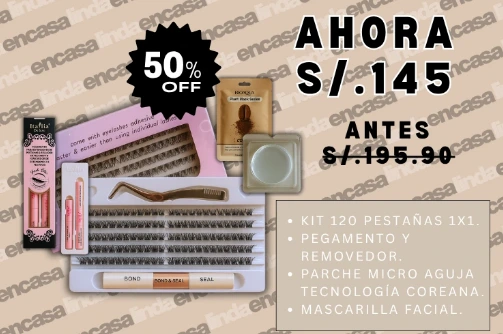 Oferta Kit de pestañas todo en 1 + pegamento/remover extra + parche microagoujas + mascarilla facial por 145 soles