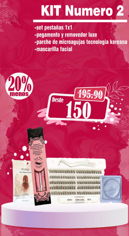Oferta Kit de pestañas todo en 1 + pegamento/remover extra + parche microagoujas + mascarilla facial por 145 soles
